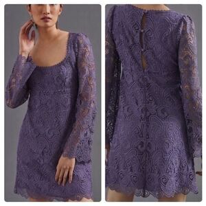 Anthropologie Maeve Purple Long Sleeve Embroidered Lace Mini Dress | Size 12